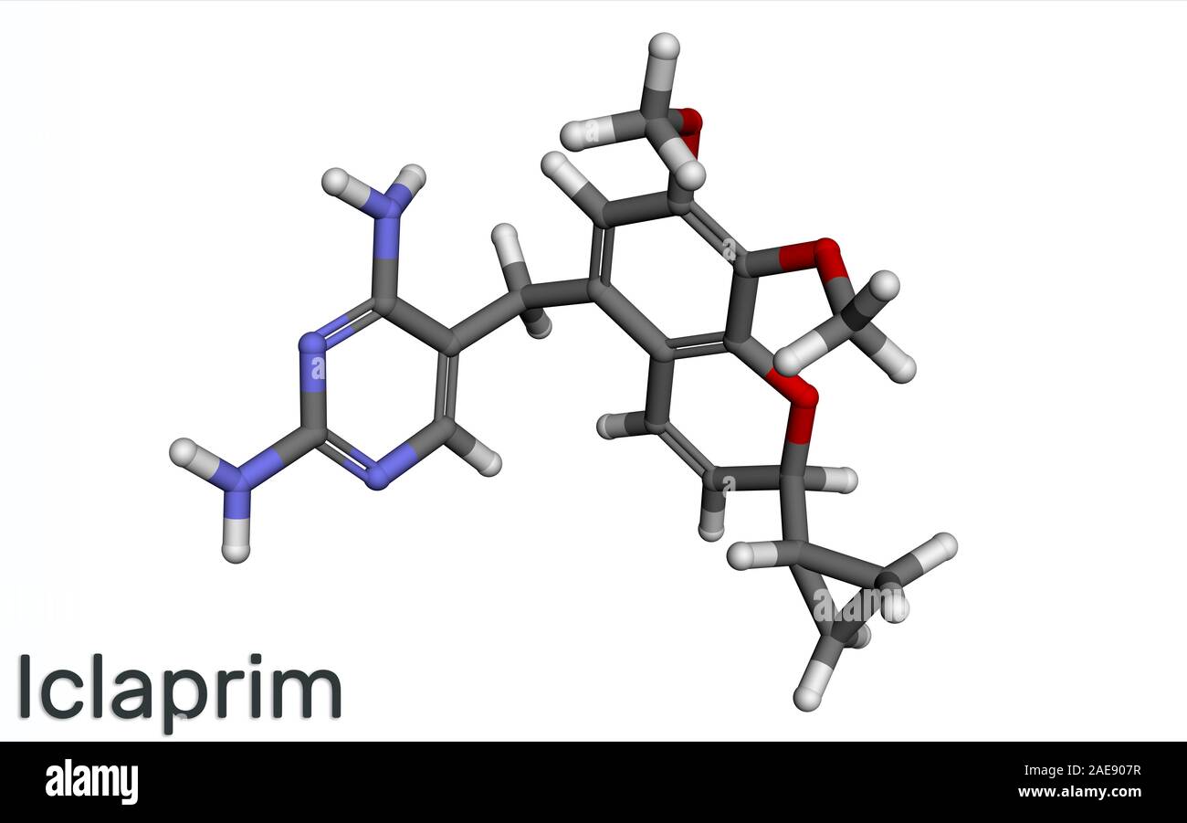 Iclaprim molecule. It is an antibiotic drug, is active against Gram positive organisms. Molecule model. 3D rendering Stock Photo