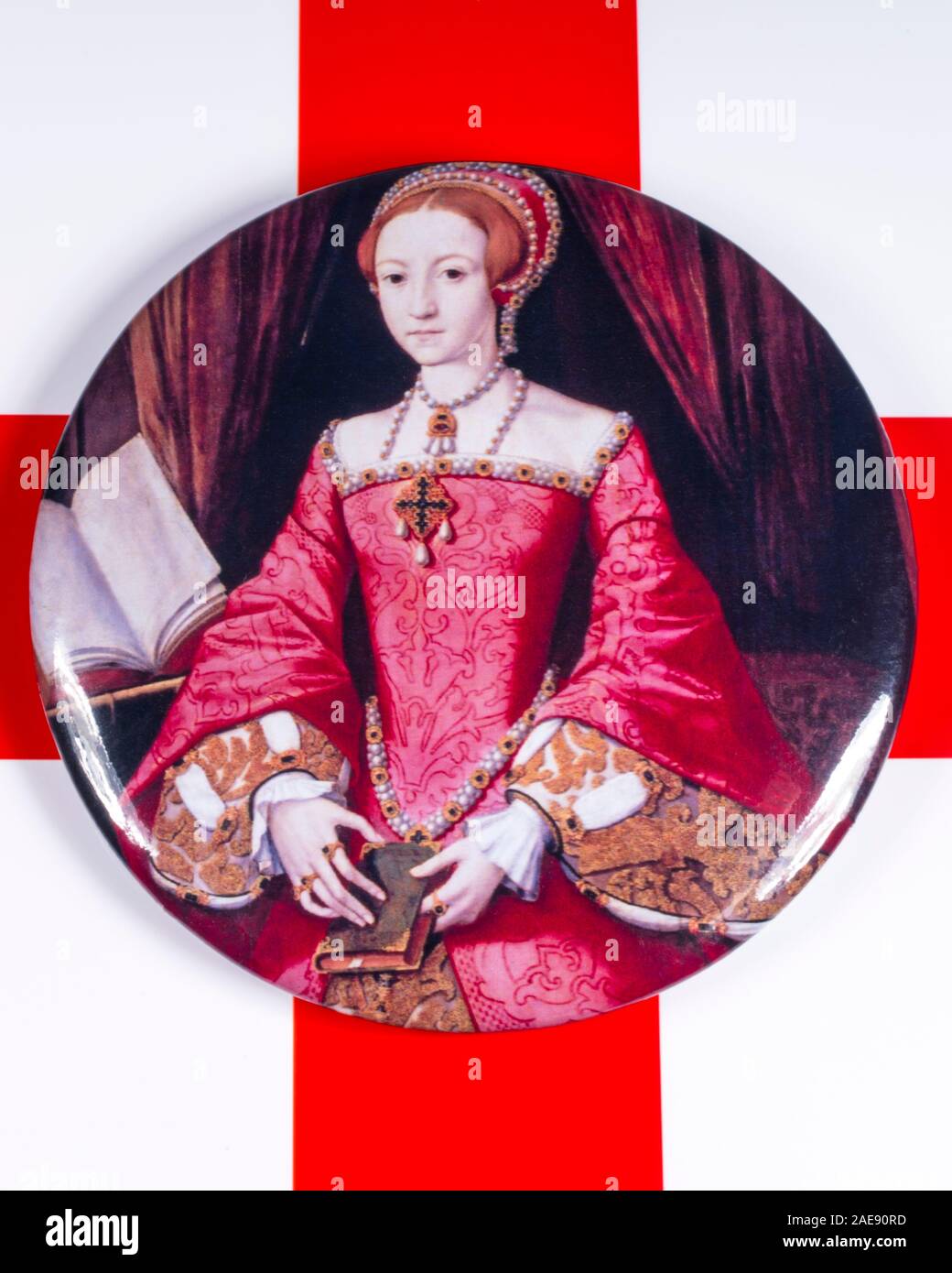 London, UK - December 3rd 2019: A pin badge with a portrait of Queen ...