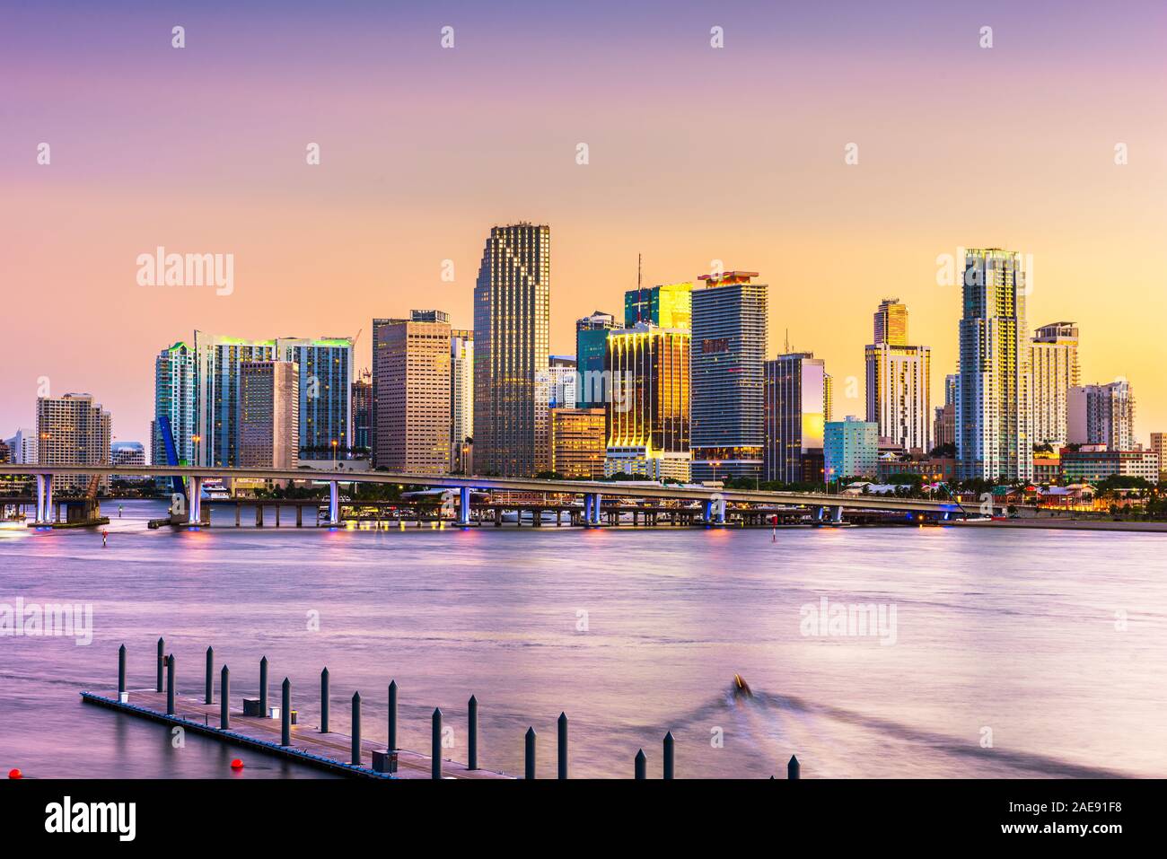 Miami, Florida, USA skyline on Bisayne Bay at dusk. Stock Photo