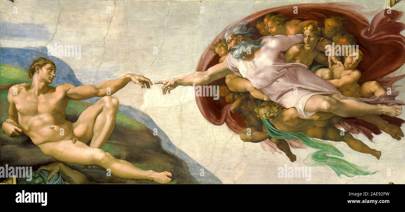 The Creation of Adam on the Sistine Chapel ceiling. The Creation of Adam, a fresco in the Sistine Chapel by Michelangelo (1475-1564),1511. Stock Photo