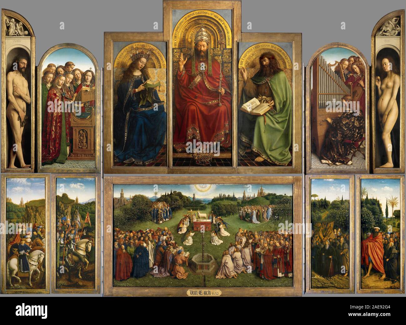 Ghent Altarpiece, (1432) The Ghent Altarpiece (or the Adoration of the Mystic Lamb) a large and complex 15th-century polyptych altarpiece in St Bavo's Cathedral, Ghent, Belgium. Painting by Hubert and Jan van Eyck, Stock Photo