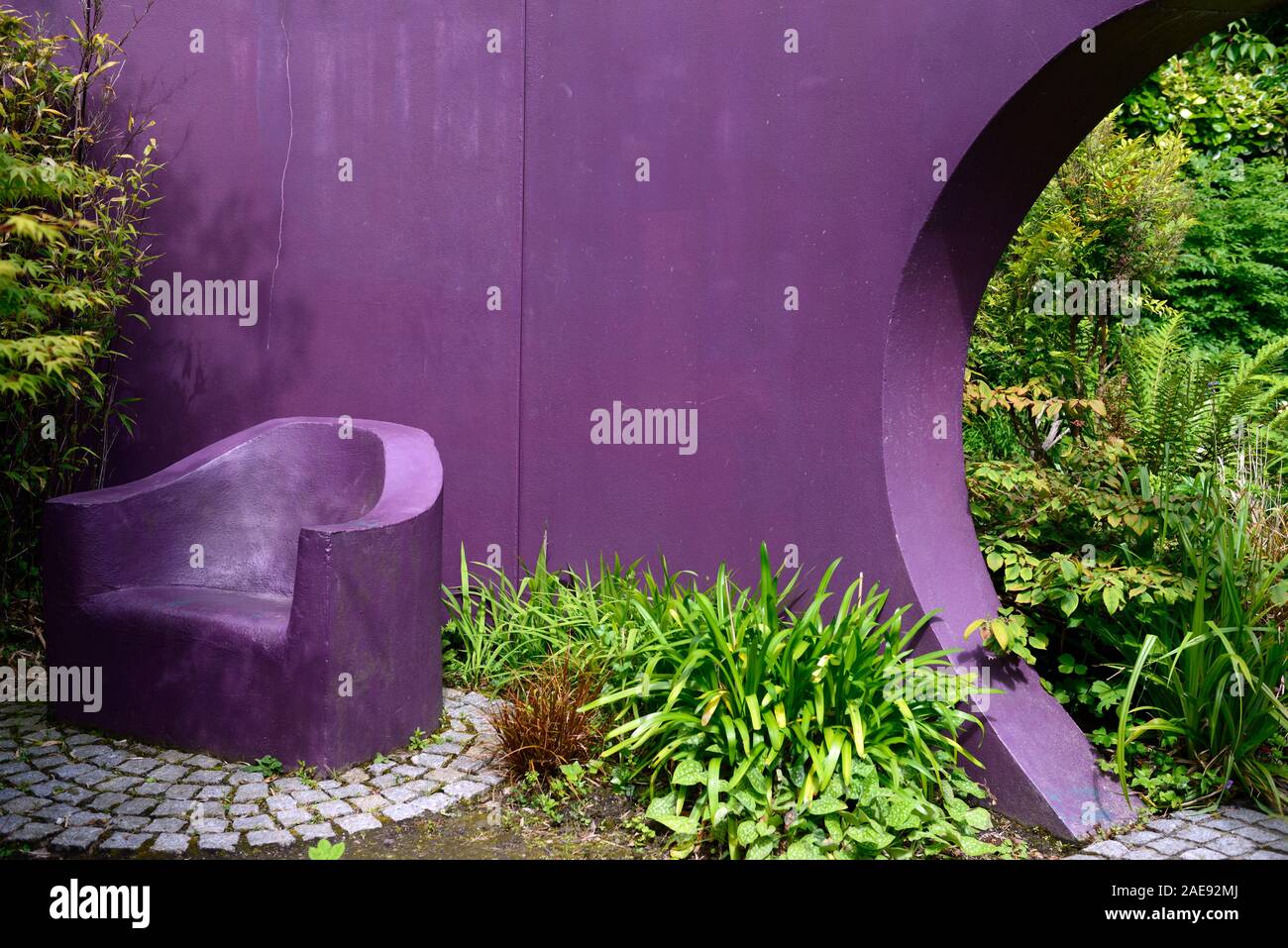 purple armchair,seat,seating,garden feature,concrete,stone,funky,eclectic,garden design,gardens,RM floral Stock Photo
