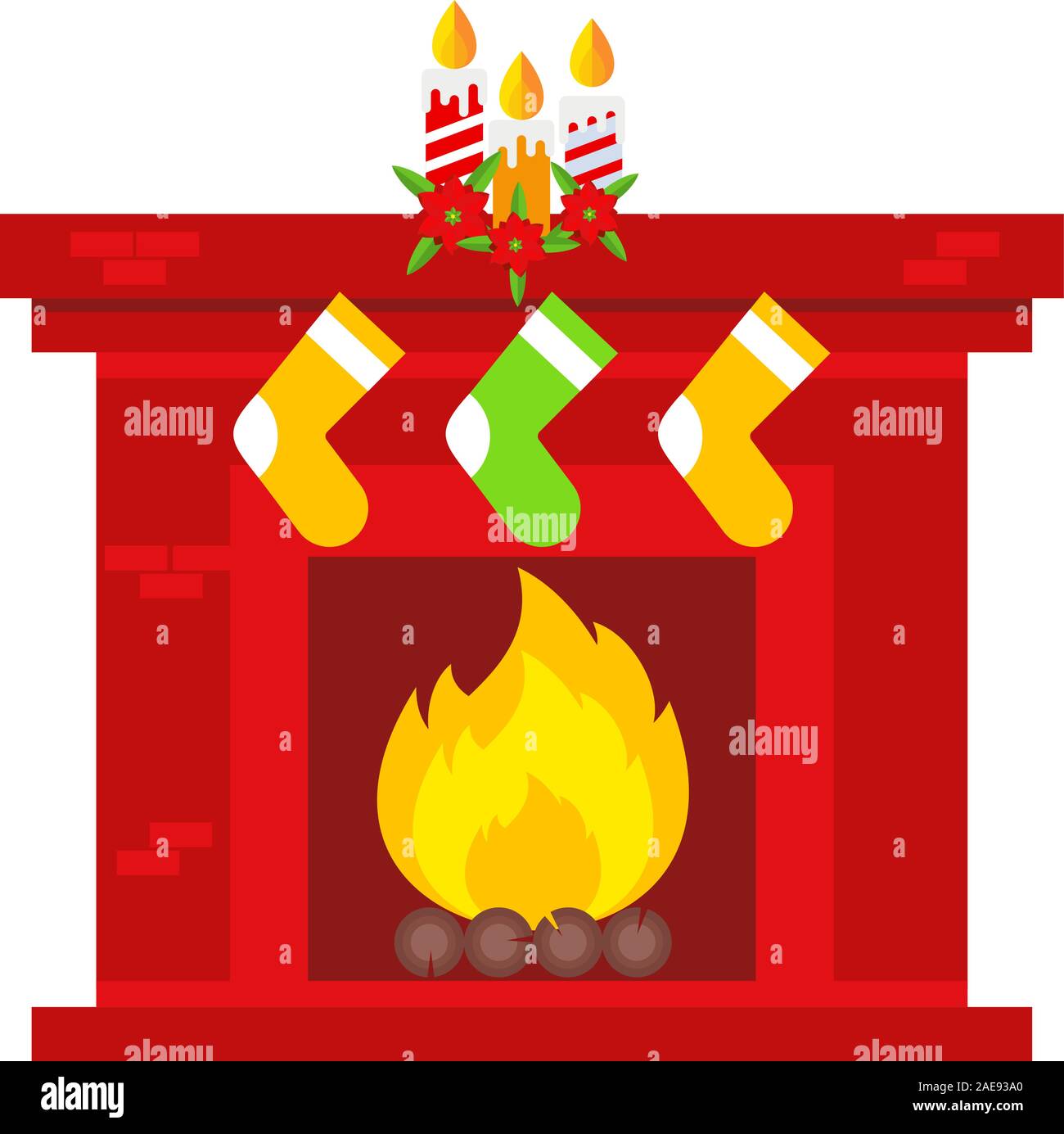 Christmas fireplace scene. Flat vector cartoon illustration. Stock Vector