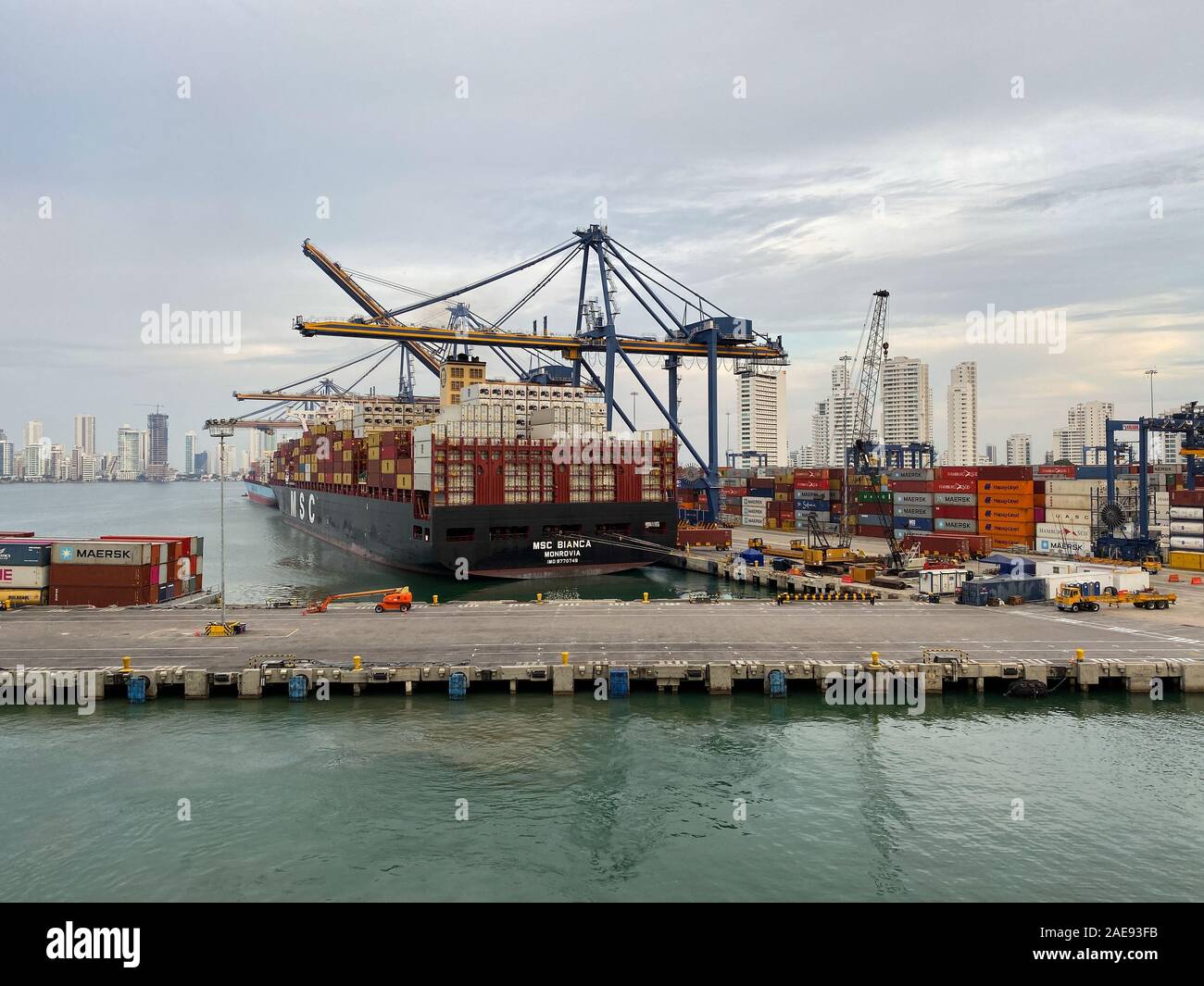Cartagena/Columbia11/5/19 A cargo ship and shipping containers on a