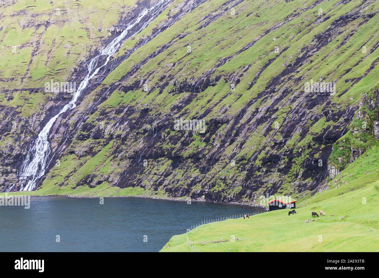 Saksun, Stremnoy island, Faroe Islands, Denmark. Iconic house with grass roof in front of the fiord. Stock Photo
