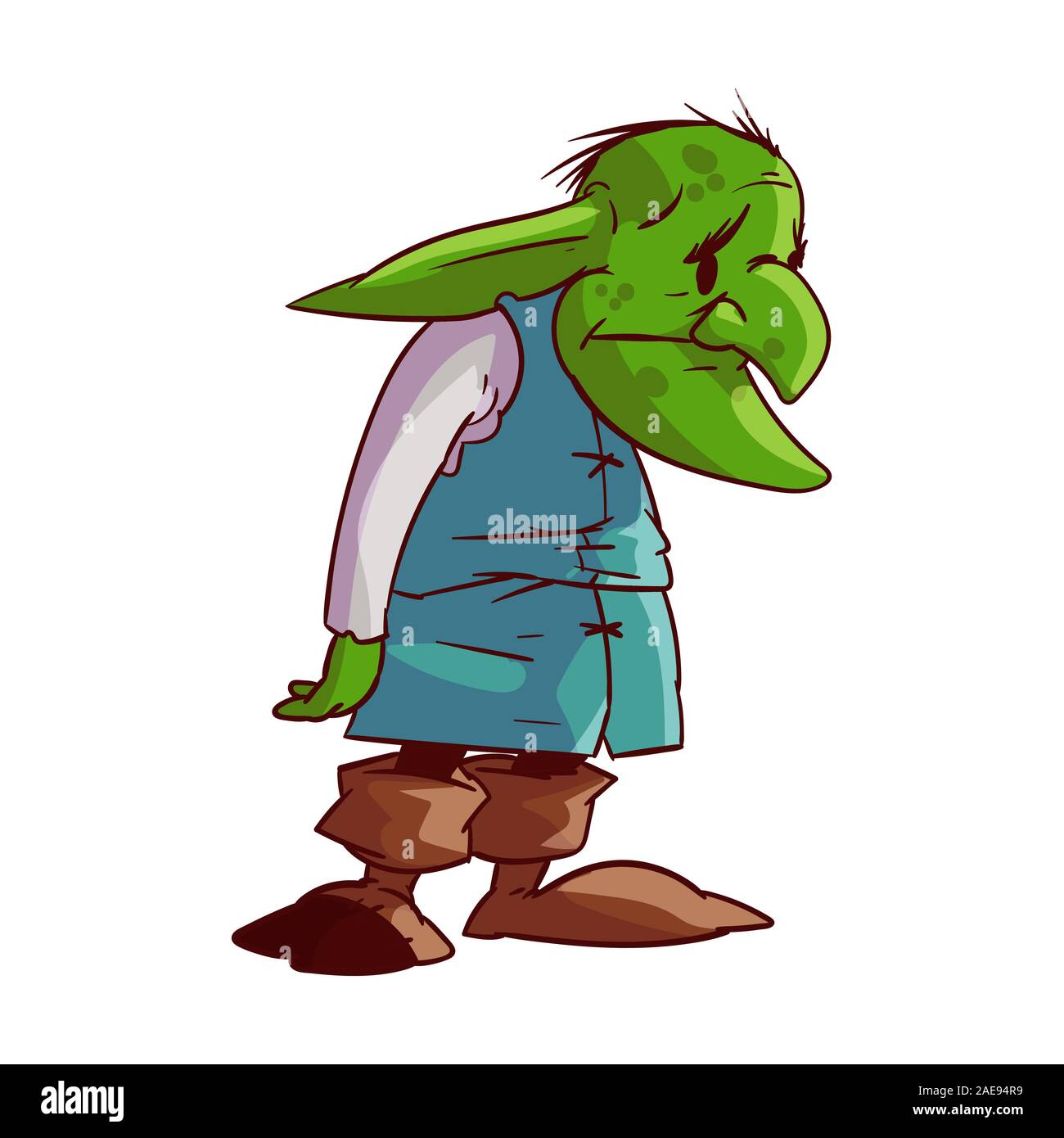 Colorful vector illustration of a cartoonish, comic style sad green goblin or troll Stock Vector