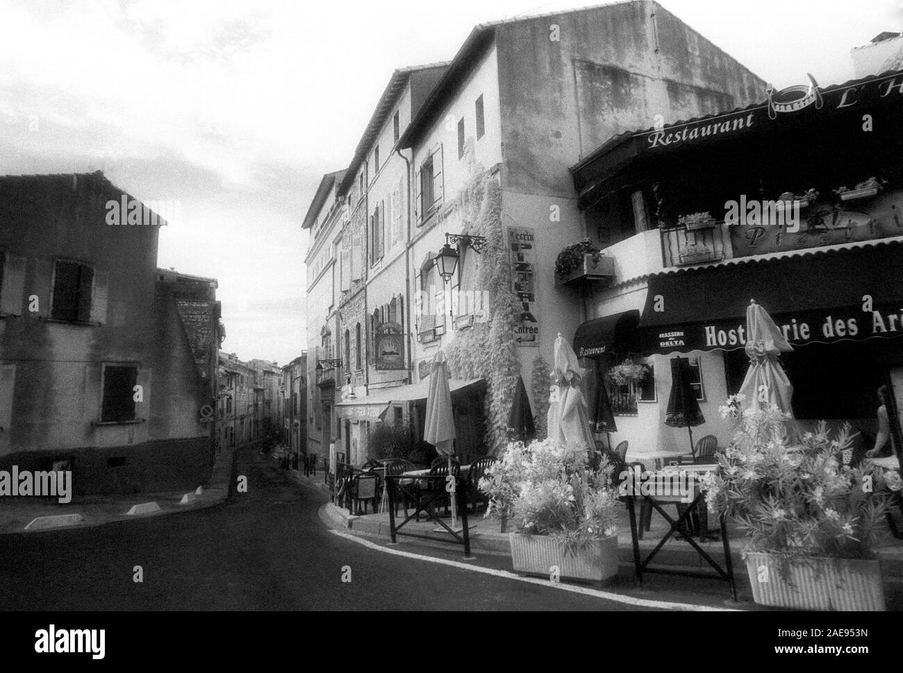 BW infrared street scene with cafe #15a Arles, France Stock Photo
