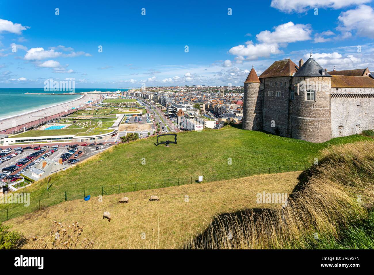 Panoramic view of Dieppe town, fishing port on the English Channel. On a clifftop overlooking pebbly Dieppe Beach is the centuries-old Chateau de Diep Stock Photo