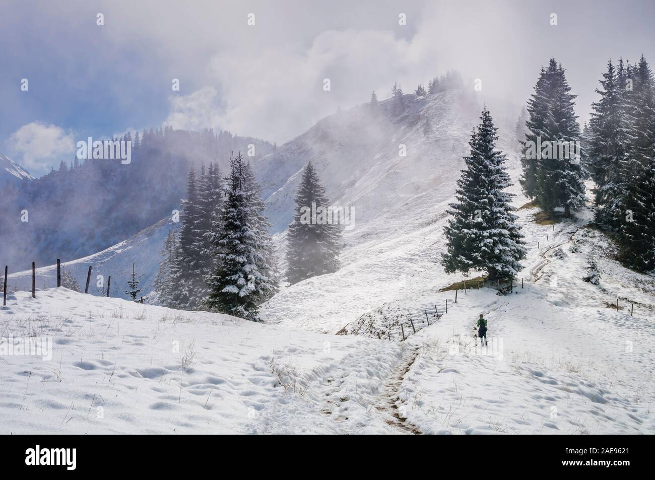 Hikers walk on rim to mt. Sonnenkopf, first snow in autumn, at  Hinang/Sonthofen, Allgaeu, Bavaria,  Deutschland Stock Photo