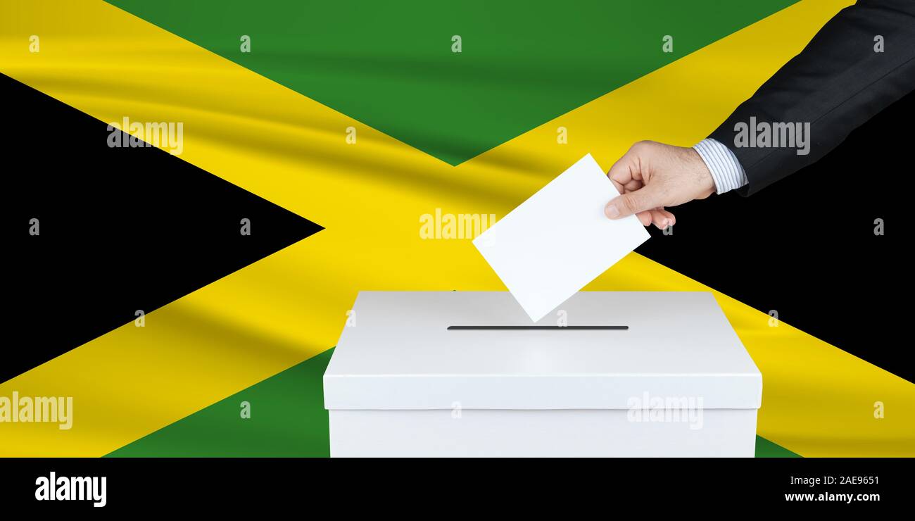 Election in Jamaica. The hand of man putting his vote in the ballot box. Waved Jamaica flag on background. Stock Photo