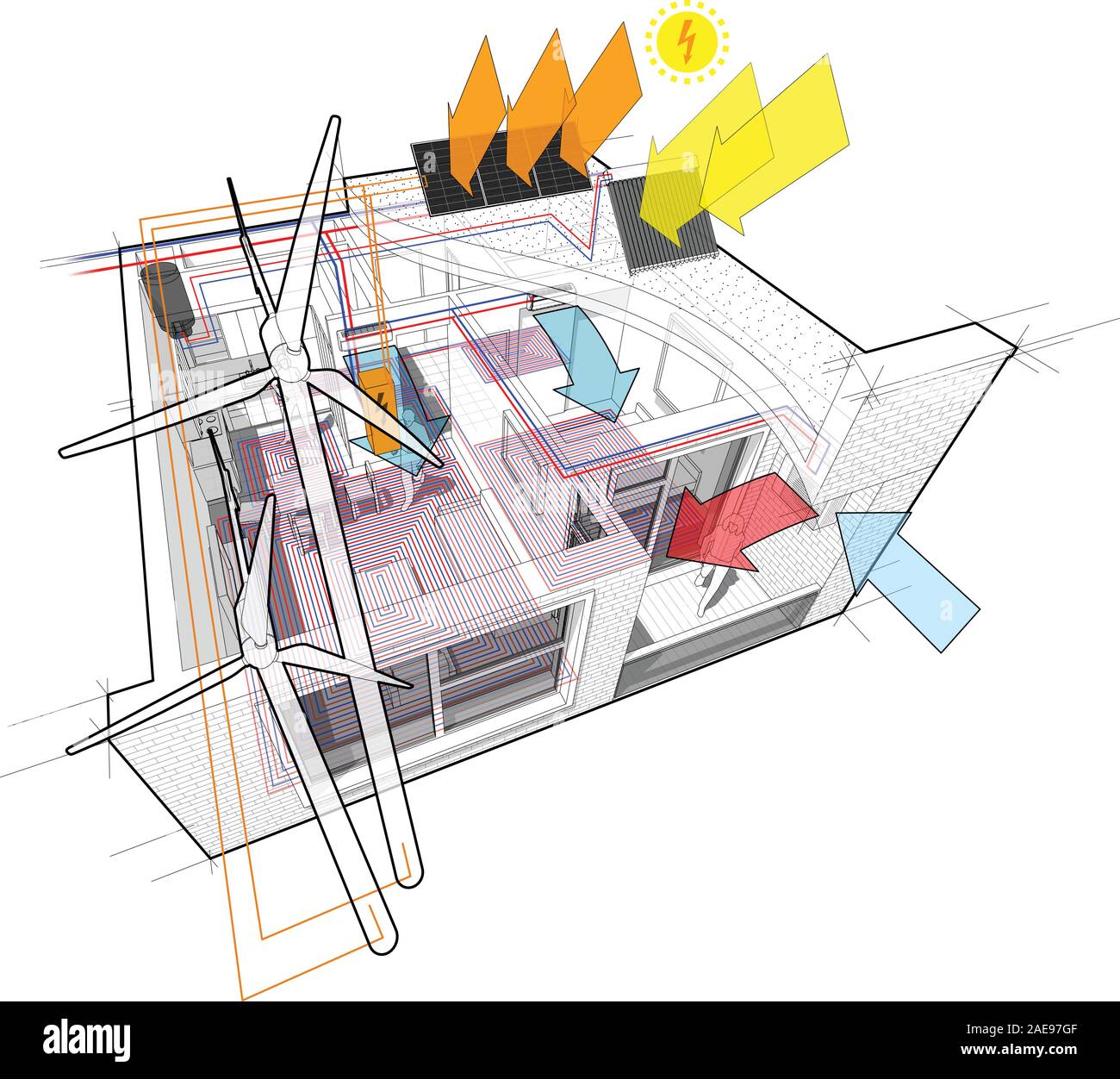 apartment with flat roof cutaway over it with wind turbines and with additional solar water heating panels and photovoltaic panels and wind turbines Stock Vector