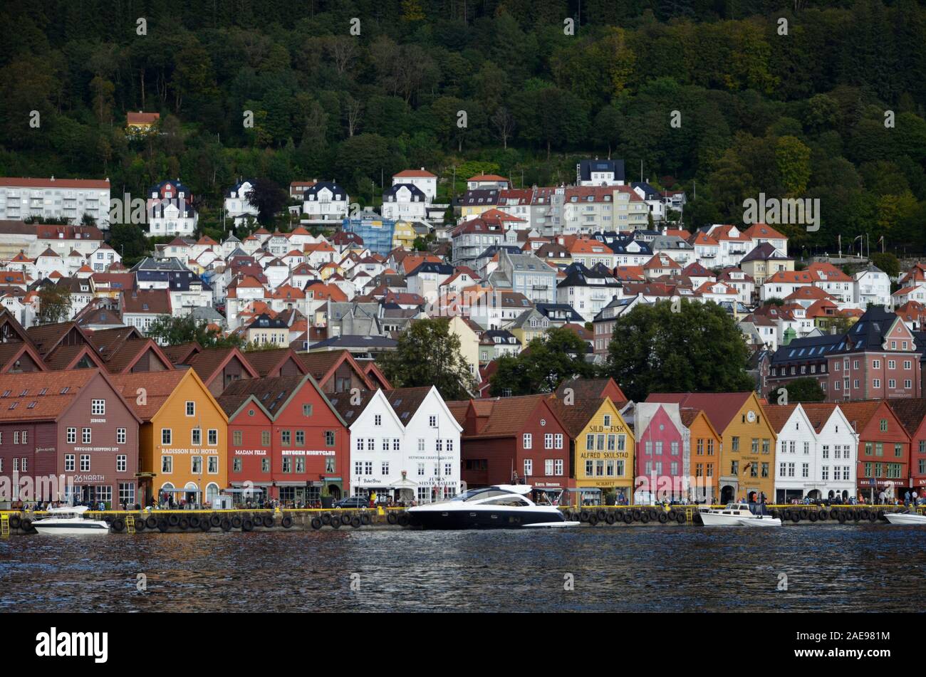 View of Bryggen, a Hanseatic heritage commercial buildings in historic area in Bergen, Norway Stock Photo