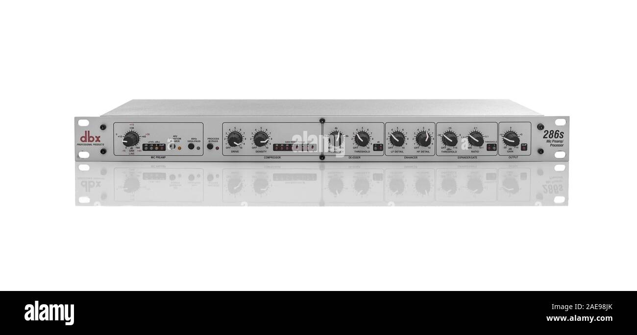Microphone preamp DBX 286 on white. Stock Photo