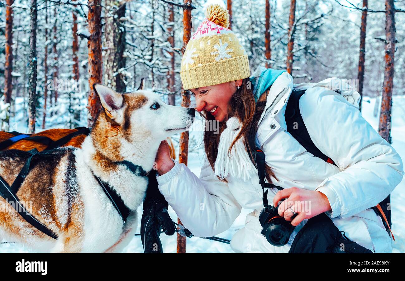 Girl and Husky dog in sled in Finland in Lapland reflex Stock Photo - Alamy
