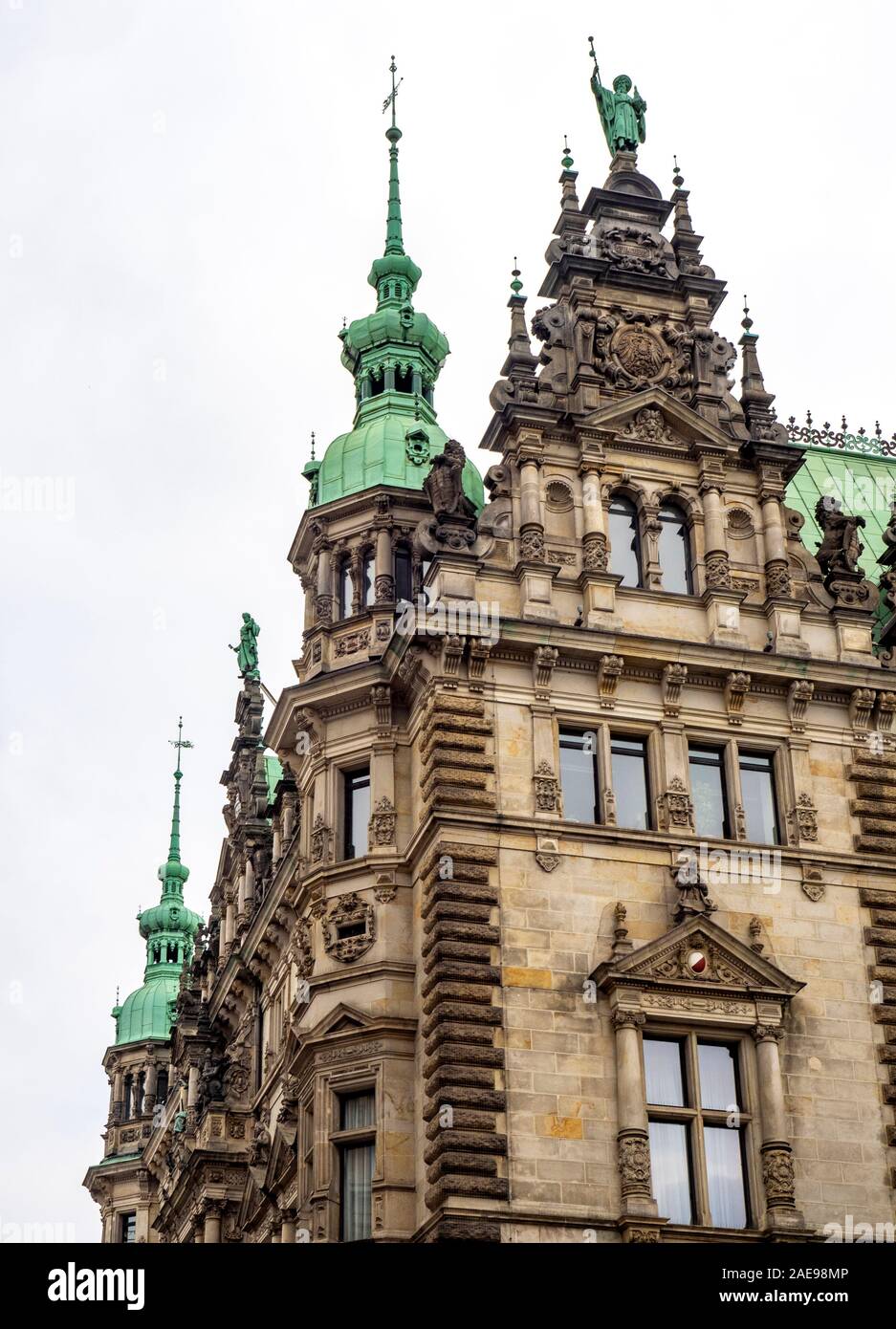 Spires sculptures and statues on the gables and rooftop of Hamburg Rathaus City Hall Hamburg Germany Stock Photo