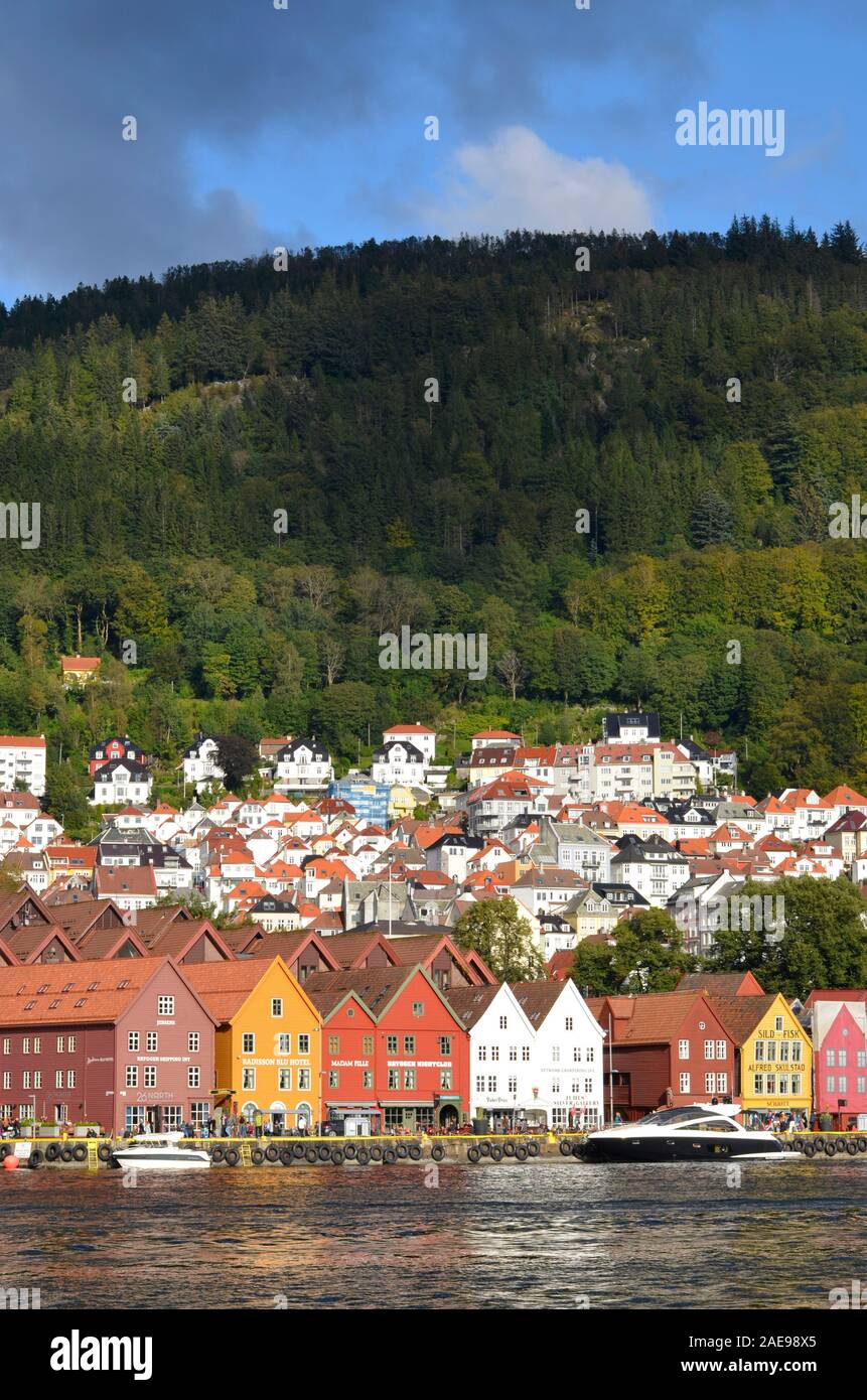 View of Bryggen, a Hanseatic heritage commercial buildings in historic area in Bergen, Norway Stock Photo