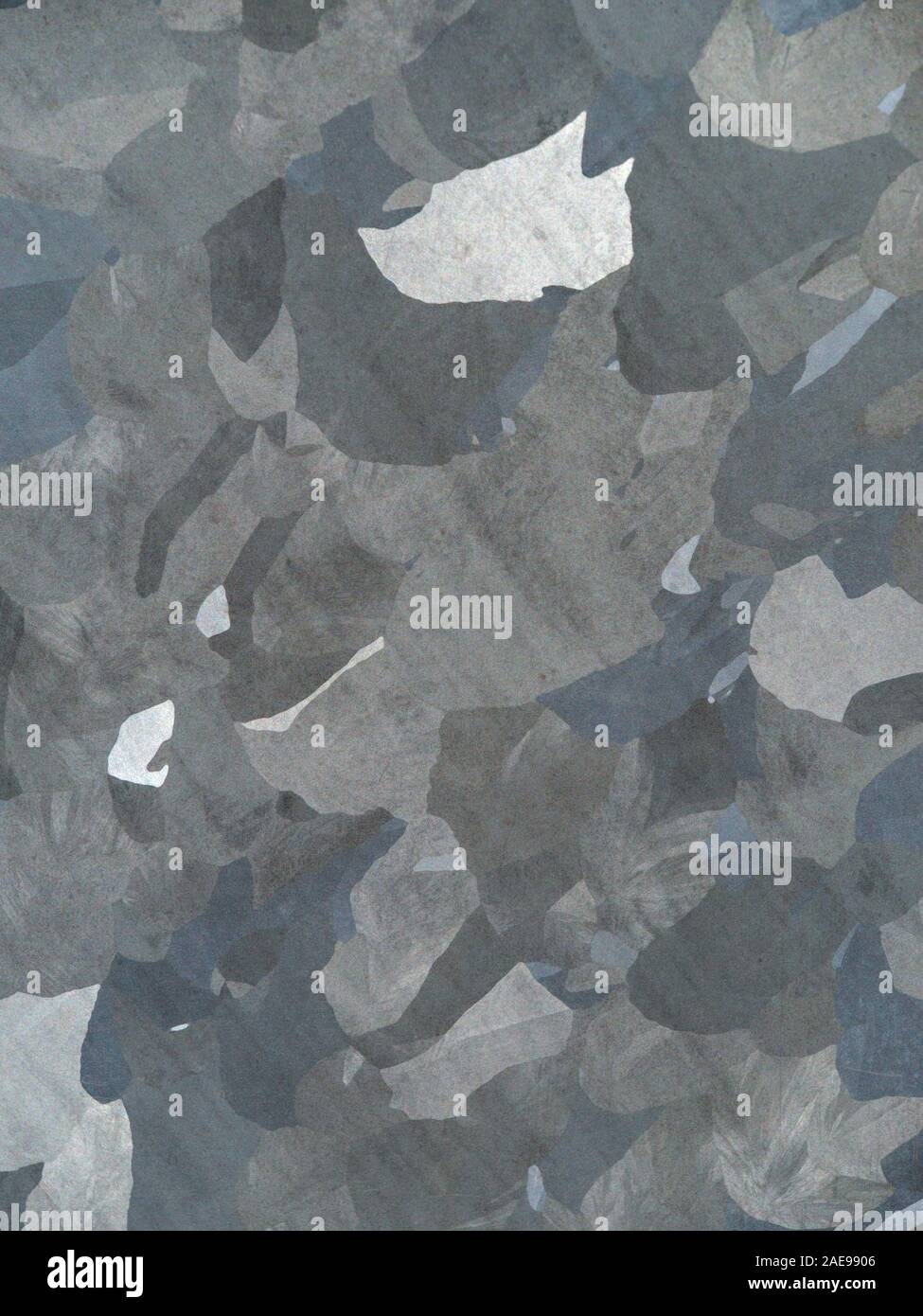 Closeup of zinc galvanised surface of service cabinet showing grain structure / spangle, Scalasaig Harbour, Isle of Colonsay, Scotland Stock Photo