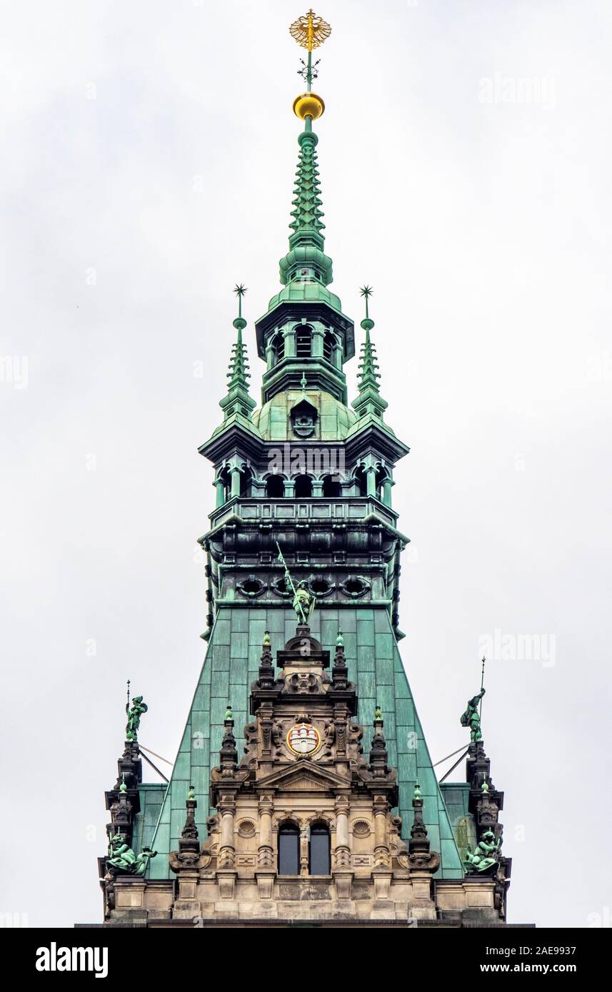 Clocktower and spire of Rathaus City Hall Hamburg Germany Stock Photo