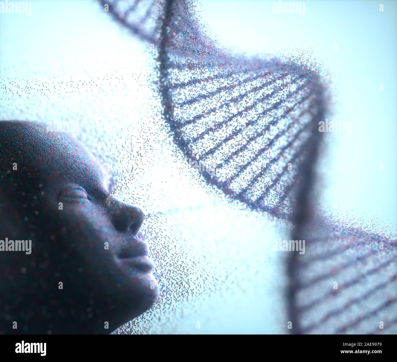 Partículas de moléculas saindo da face para se agrupar na molécula de DNA. Stock Photo
