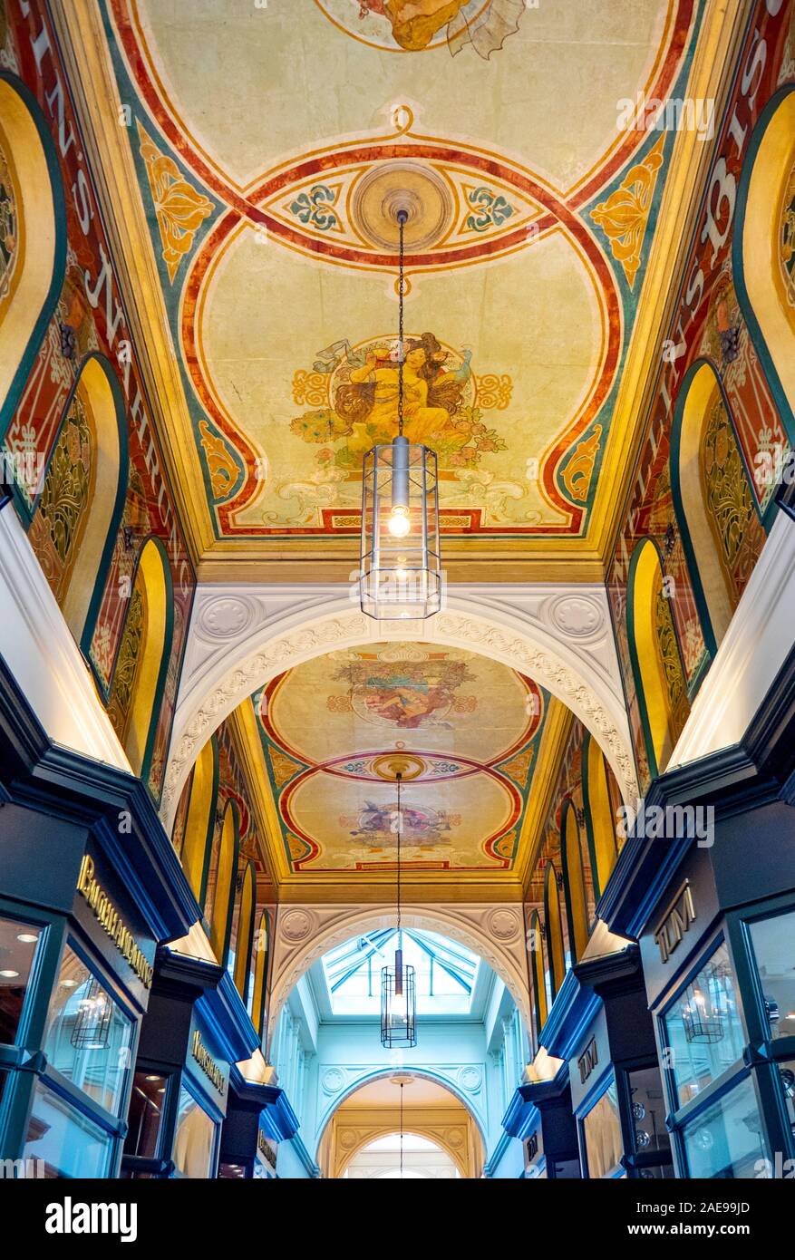 Art Nouveau frescoe painted ceiling in fashionable shopping arcade Mellin Passage Neustadt Hamburg Germany Stock Photo