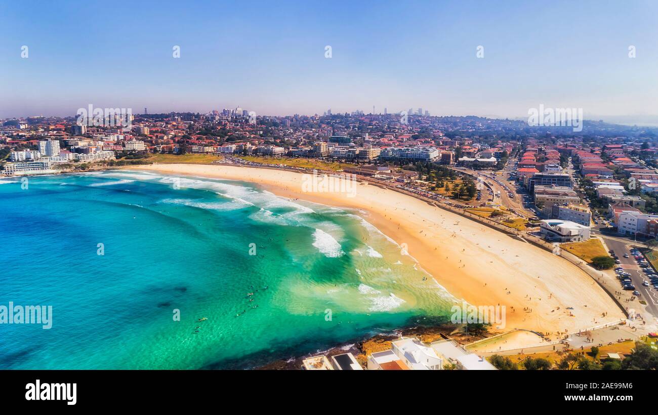 Air contamination over Greater Sydney, famous Bondi beach and Eastern Suburb during back burning bush fire prevention season - aerial photo of residen Stock Photo