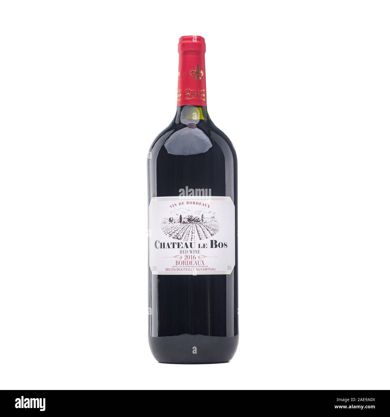 Bottle of Italian wine on white background. Full white wine bottle. Isolated on a white background. Wine bottle isolated with label Chateau le Bos Stock Photo