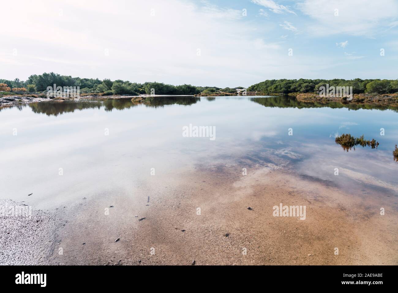 Scenic view of a wetland area in the Es Trenc marine-terrestrial natural park, before reaching the entrance to the beach Stock Photo