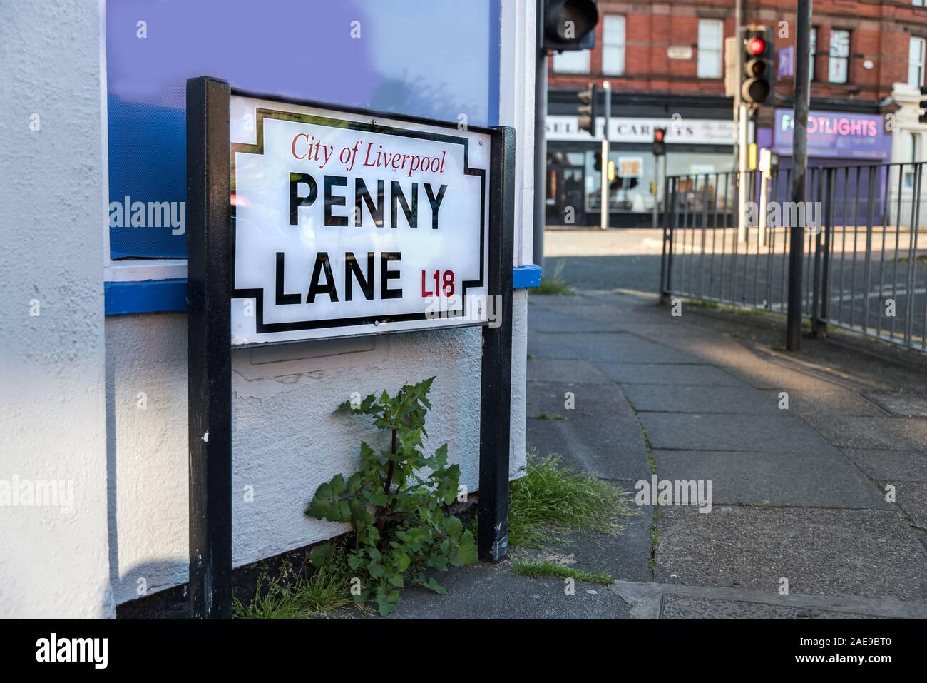 LIVERPOOL, ENGLAND-05 MAY, 2015: Closeup view of Penny Lane sign board in Liverpool city UK Stock Photo