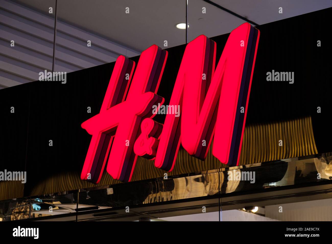 Hongkong - November, 2019: Detail of the H&M store logo in HongKong. H&M is a Swedish multinational retail-clothing company Stock Photo