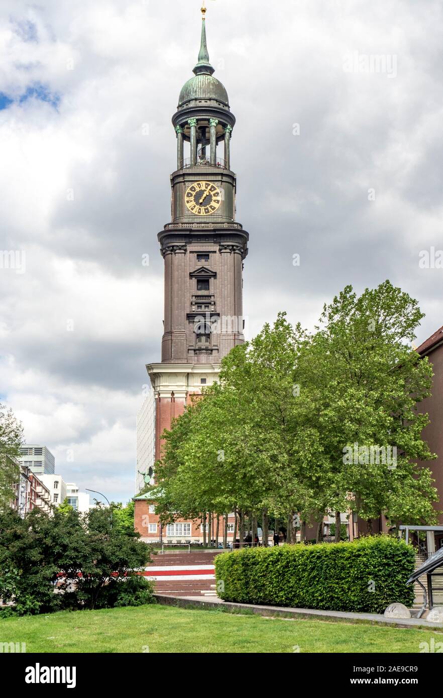 St. Michael's Lutheran Church and it's copper belfry and clock tower in Neustadt Hamburg Germany. Stock Photo
