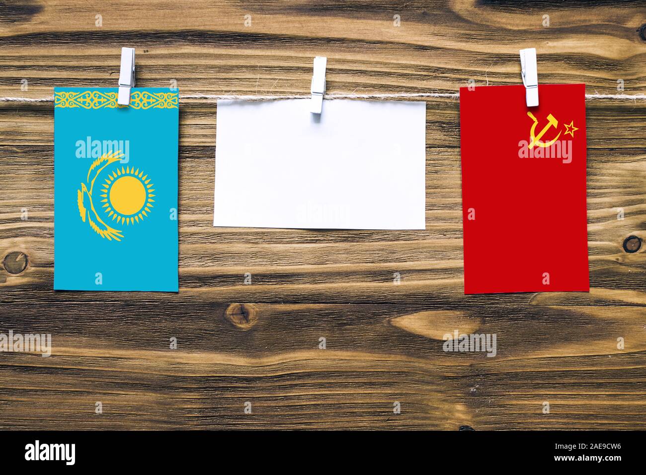 Hanging Flags Of Kazakhstan And Soviet Unionsoviet Union Soviet Union Flag Russia Ussr Attached To Rope With Clothes Pins With Copy Space On White Stock Photo Alamy