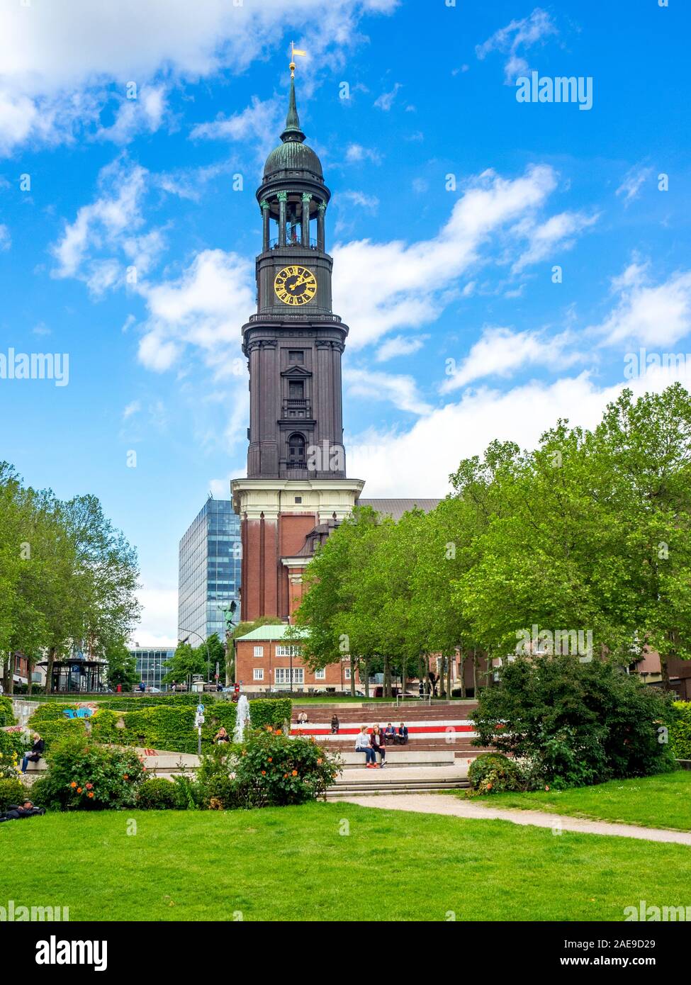 St. Michael's Lutheran Church and it's copper belfry and clock tower in Neustadt Hamburg Germany. Stock Photo