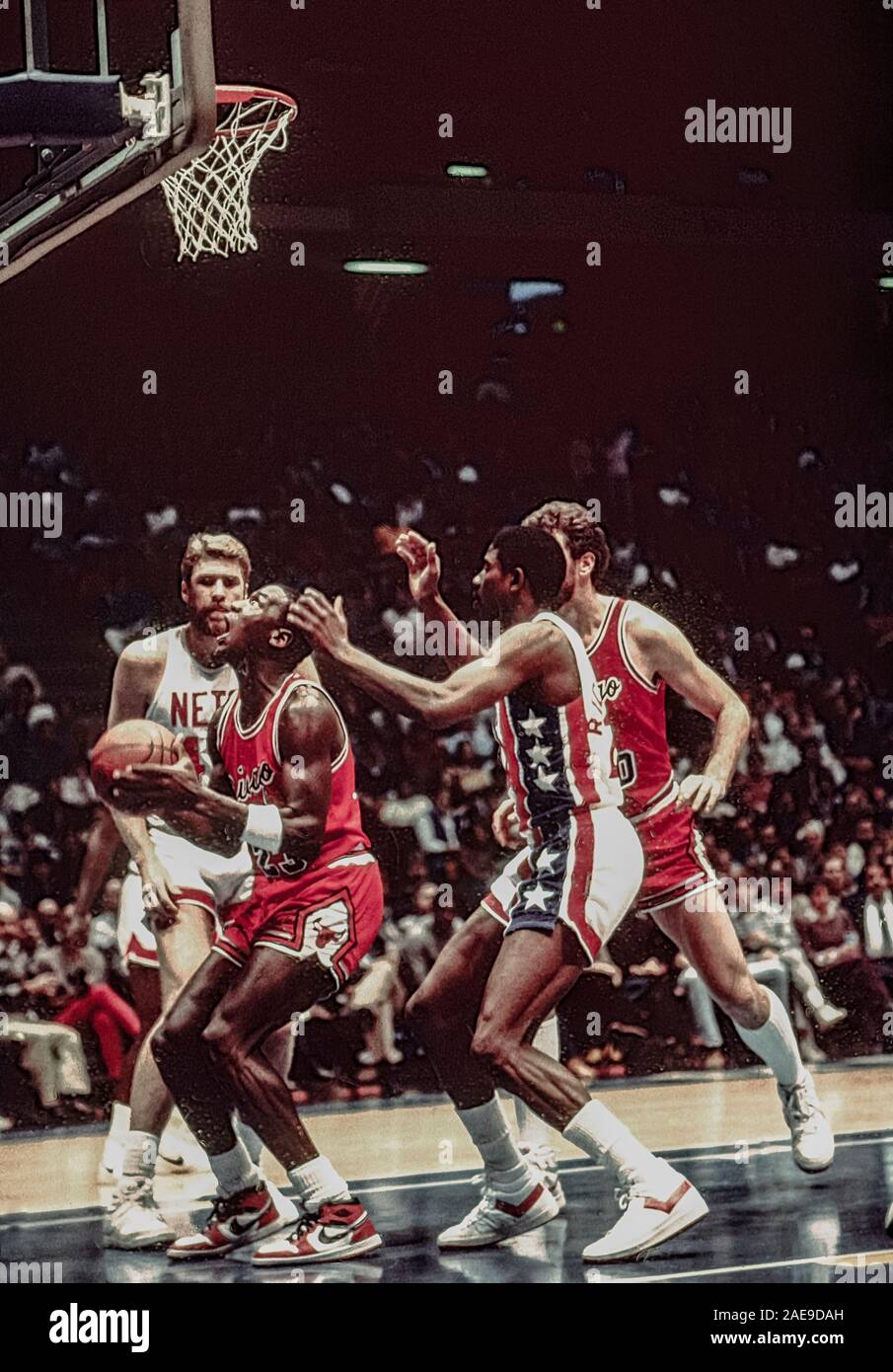 Michael Jordan, Chicago Bull in a game against New Jersey Nets in 1985  Stock Photo - Alamy