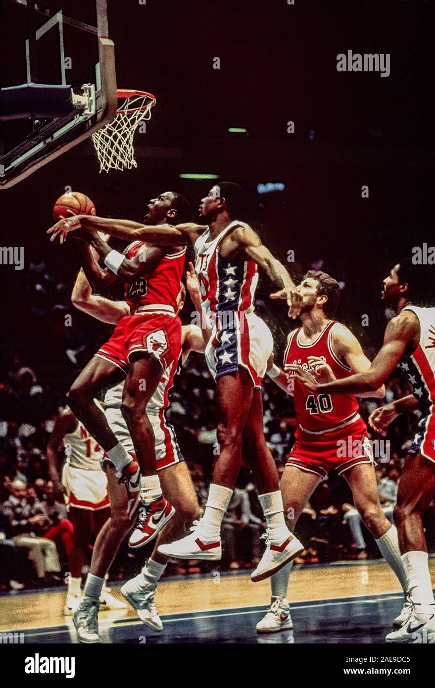 Michael Jordan, Chicago Bull in a game against New Jersey Nets in 1985  Stock Photo - Alamy