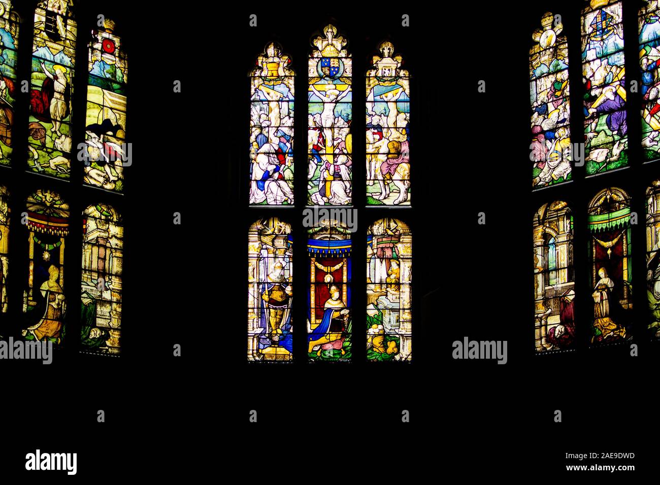 16th century stained glass windows in the chapel at The Vyne, Hampshire. Considered to be among the most beautiful 16th-century glass in Europe. Stock Photo