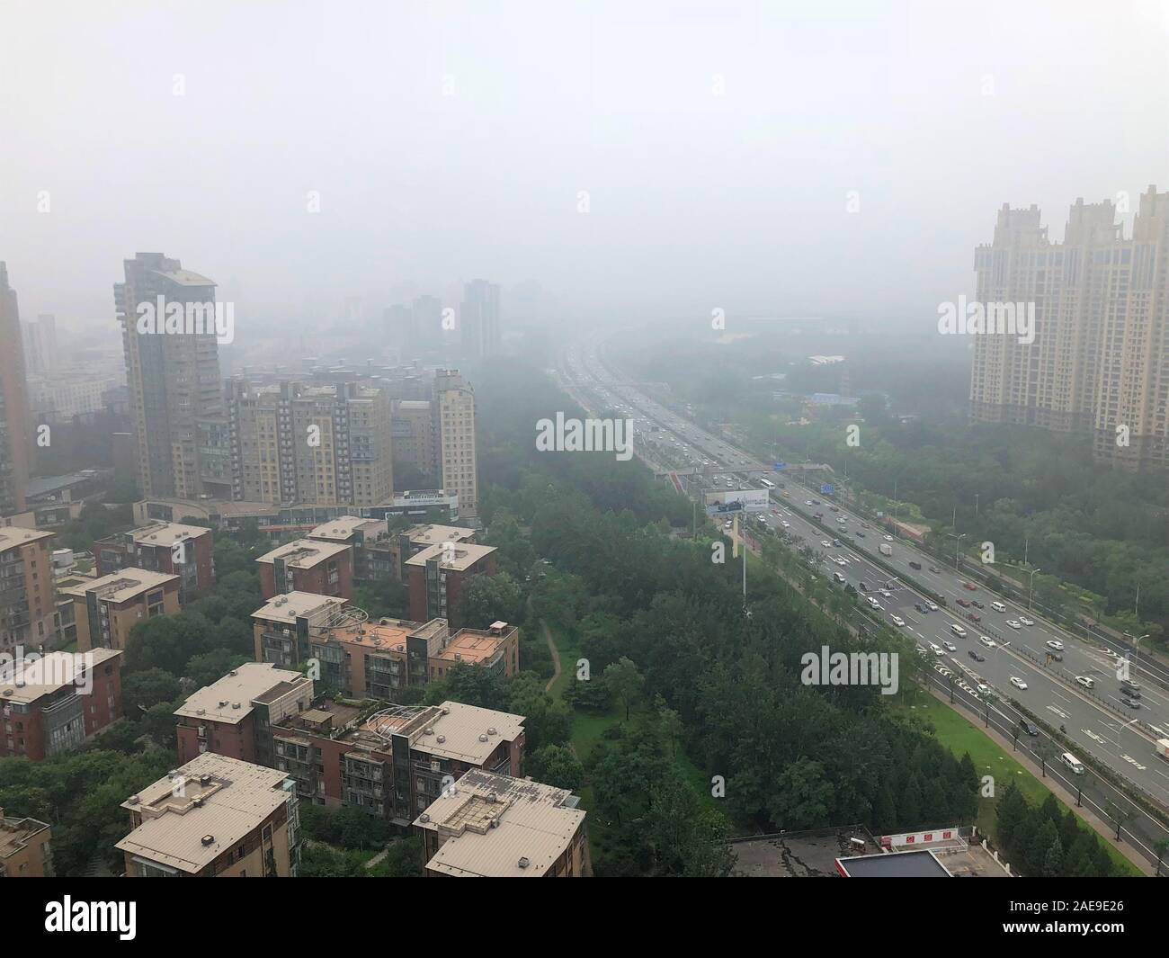 Top view highway with severe air pollution, fog and haze in Beijing
