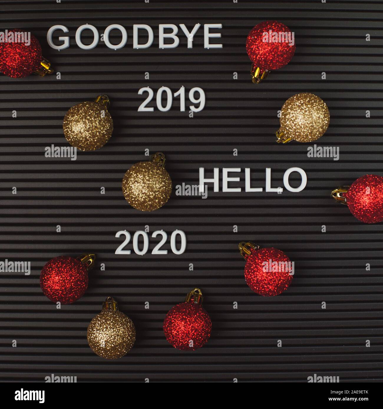 Good bye 2019 hello 2020 - text on mugshot letter board. Stock Photo