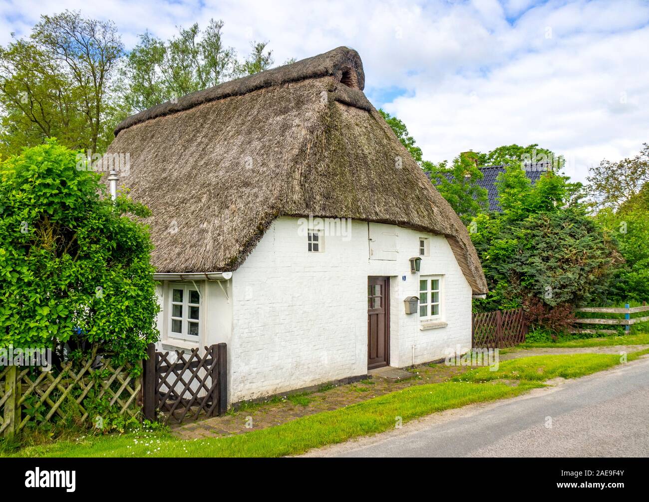 White wash house with thatched roof on Elbe Cycling Route Lower Saxony  Germany Stock Photo - Alamy