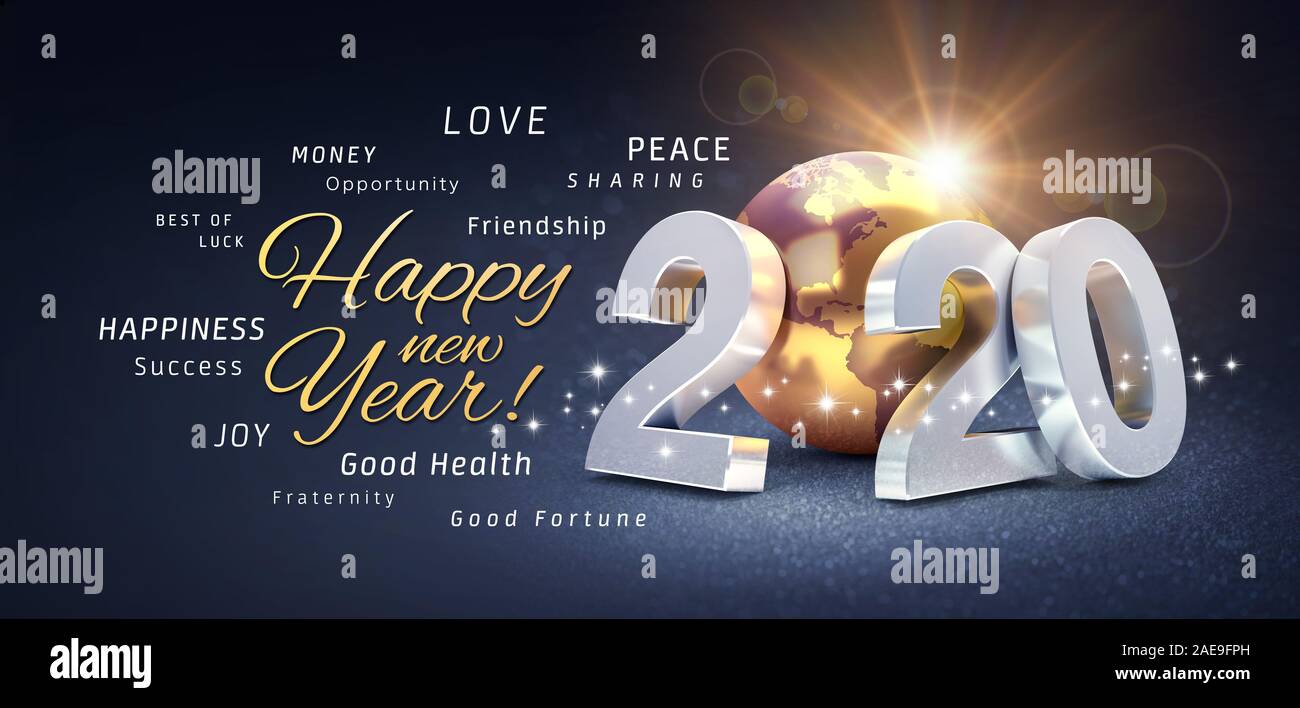 Happy New Year greetings, best wishes and 2020 date number, composed with a gold colored planet earth, on a festive black background, with glitters an Stock Photo