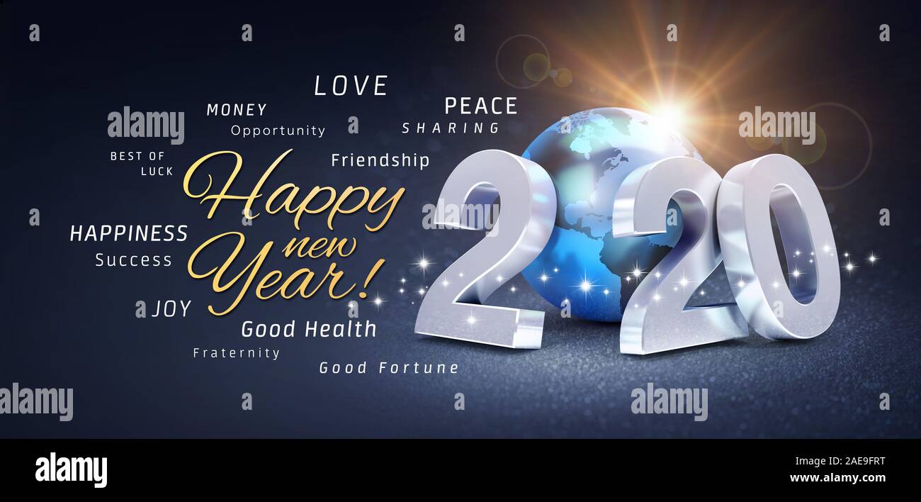 Happy New Year greetings, best wishes and 2020 date number, composed with a blue colored planet earth, on a festive black background, with glitters an Stock Photo