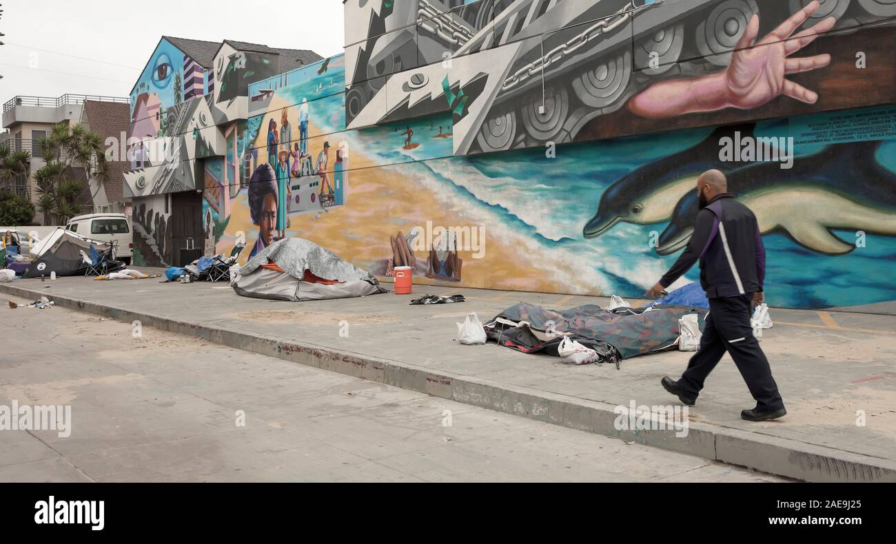 Tents of homeless people in Venice Beach, Los Angeles, California, USA Stock Photo