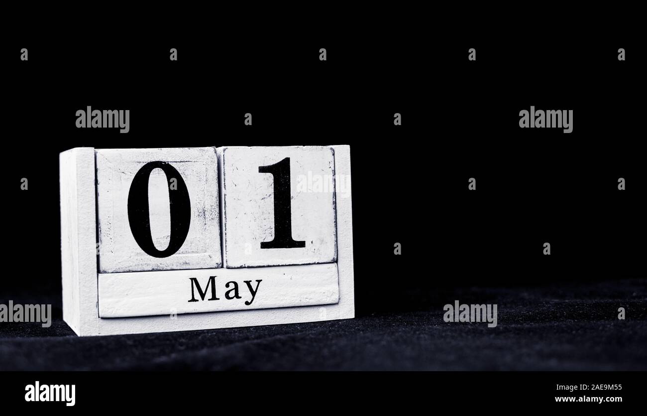 May 1st, First of May, Day 1 of month May - vintage wooden white