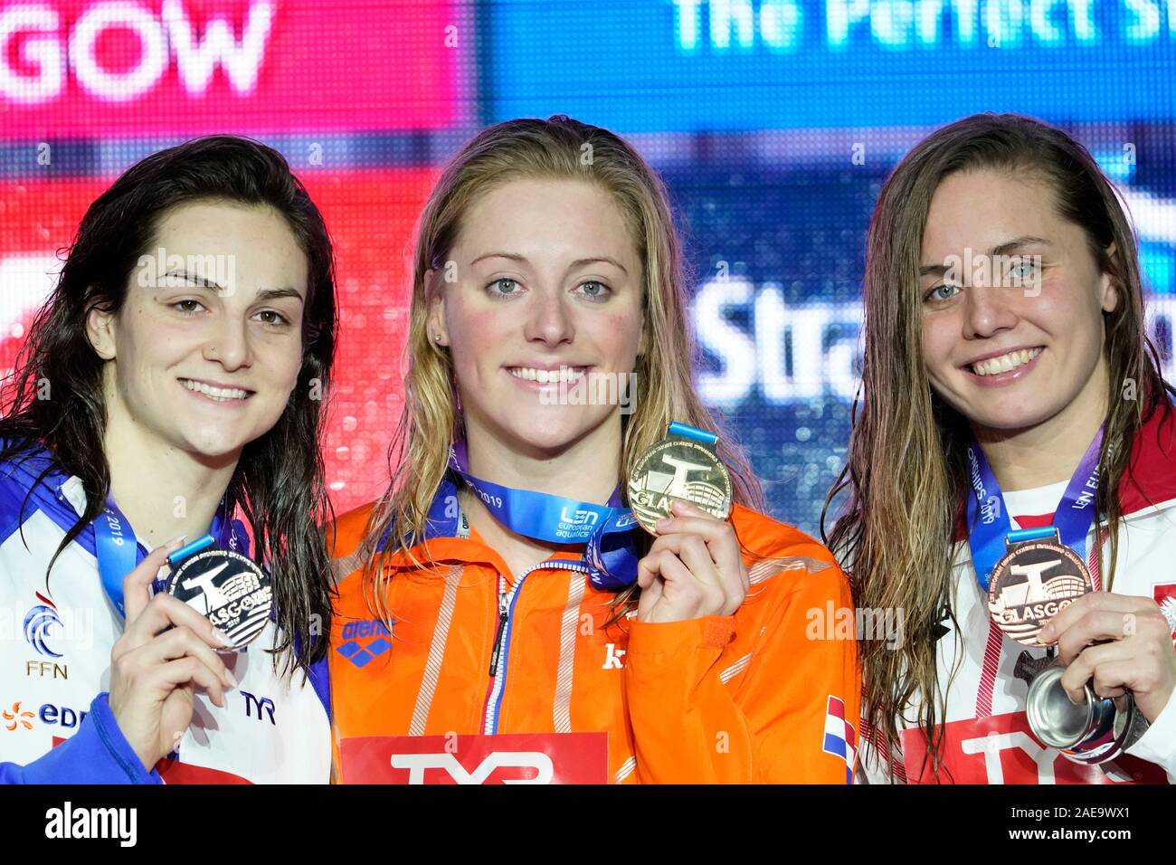 L R Beryl Gastaldello Fra Kira Toussaint Ned And Alicja Tchorz Pol On 50m Backstroke During Len European Short Course Swimming Championships 2019 On December 7 2019 In Tollcross Stadium In Glasgow Uk