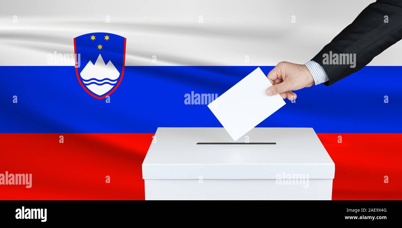 Election in Slovenia. The hand of man putting his vote in the ballot box. Waved Slovenia flag on background. Stock Photo