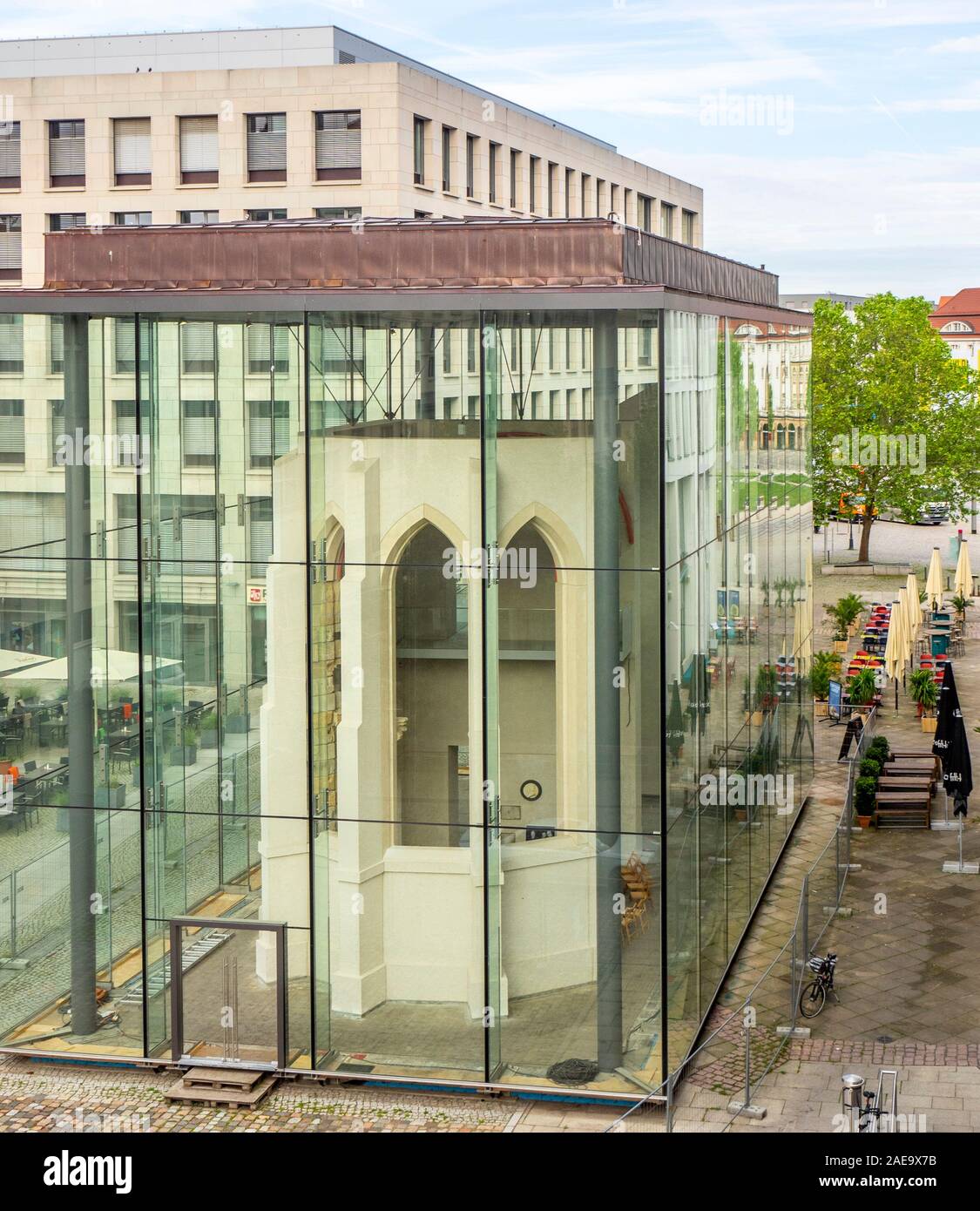 Remains of Busmann Chapel encased in a glass enclosure in Altstadt Dresden Saxony Germany. Stock Photo