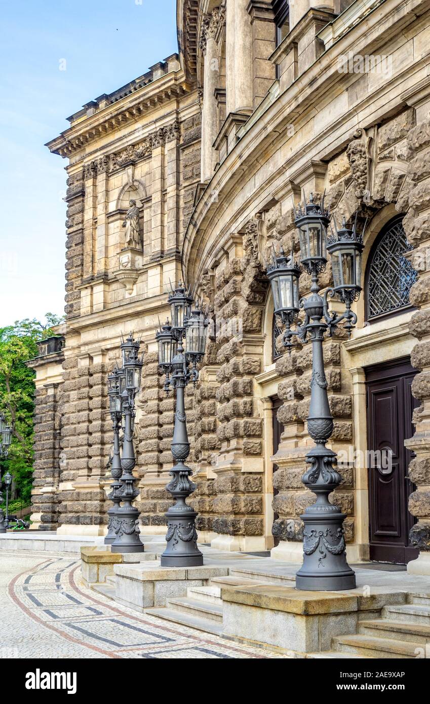 Row of ornate  lampposts and lanterns beside the Semperoper Dresden Opera house Dresden Saxony Germany. Stock Photo