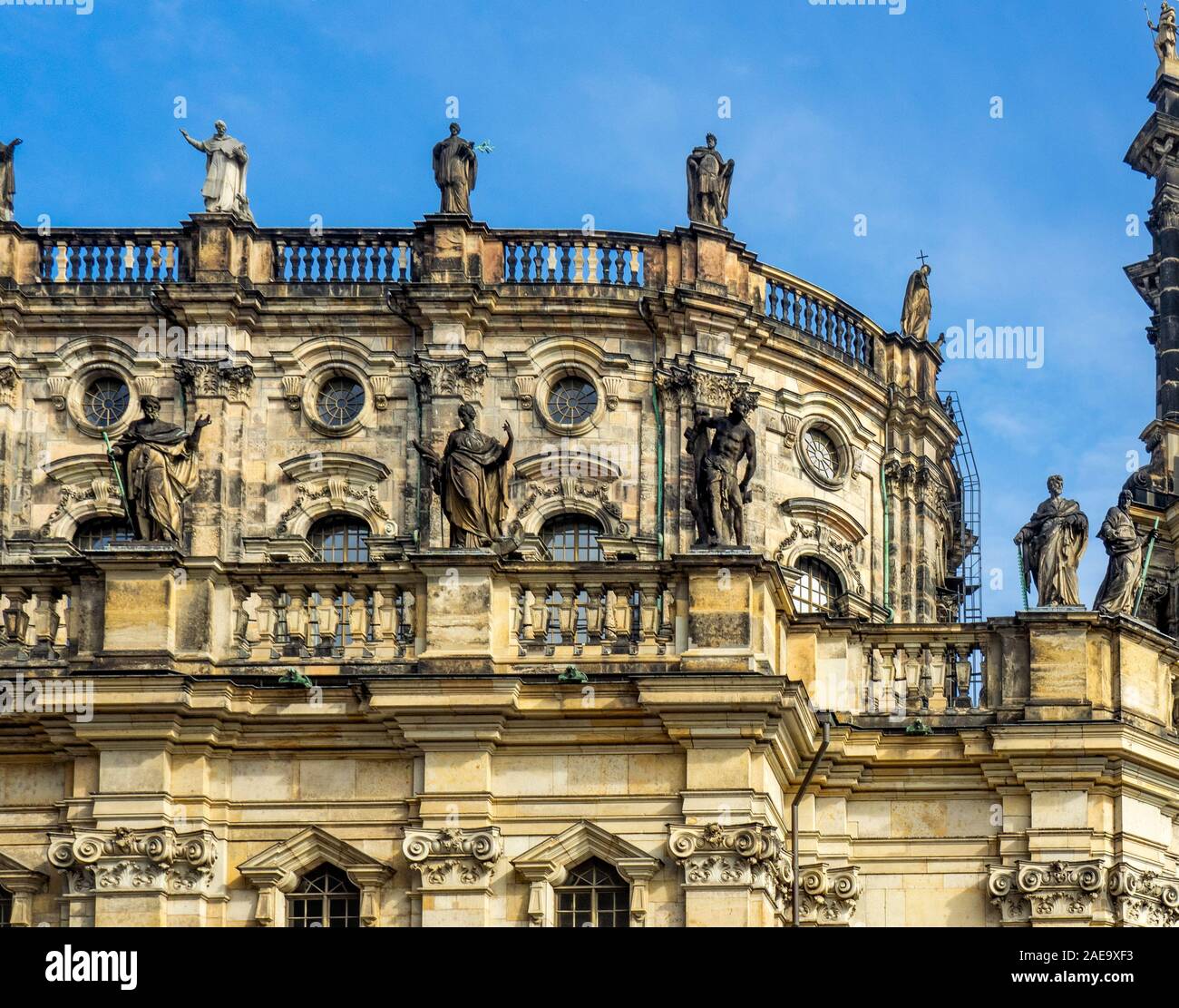 Statues on rooftop of Katholische Hofkirche Cathedral of the Holy Trinity Altstadt Dresden Saxony Germany. Stock Photo