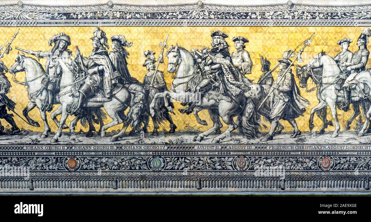 Meissen porcelain tile mural Fürstenzug Procession of Princes on the outer wall of Stables Courtyard of Dresden Castle Royal Palace Saxony Germany. Stock Photo