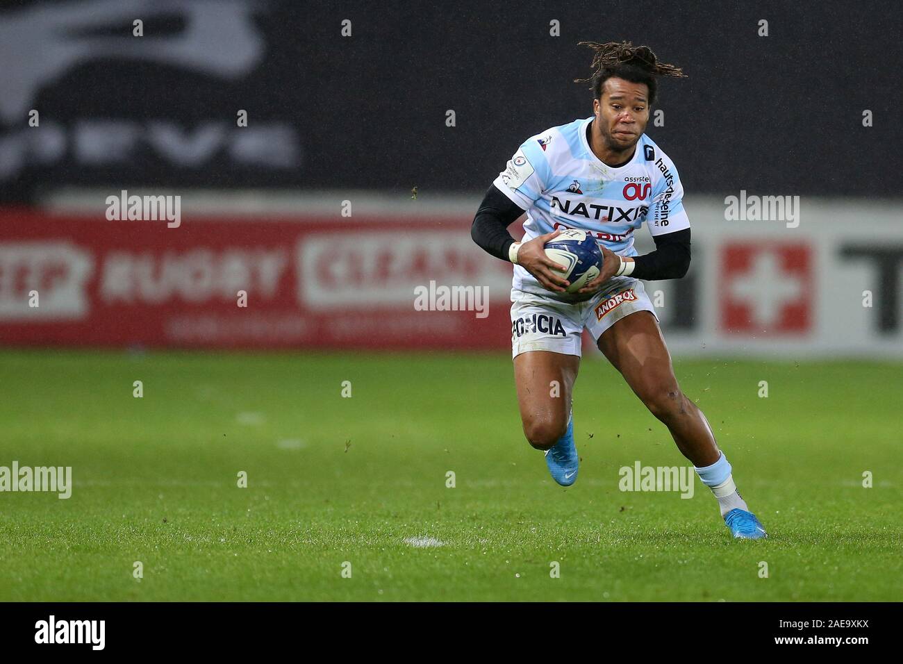 Swansea, UK. 07th Dec, 2019. Teddy Thomas of Racing 92 in action. Heineken champions cup match, pool 4, Ospreys v Racing 92 rugby at the Liberty Stadium in Swansea, South Wales on Saturday 7th December 2019. pic by Andrew Orchard, Credit: Andrew Orchard sports photography/Alamy Live News Stock Photo