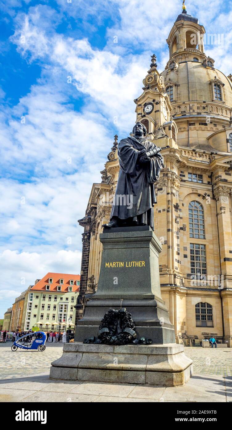 Martin Luther statue monument Frauenkirche Church of Our Lady in Platz Neumarkt Newmarket Altstadt Dresden Saxony Germany. Stock Photo